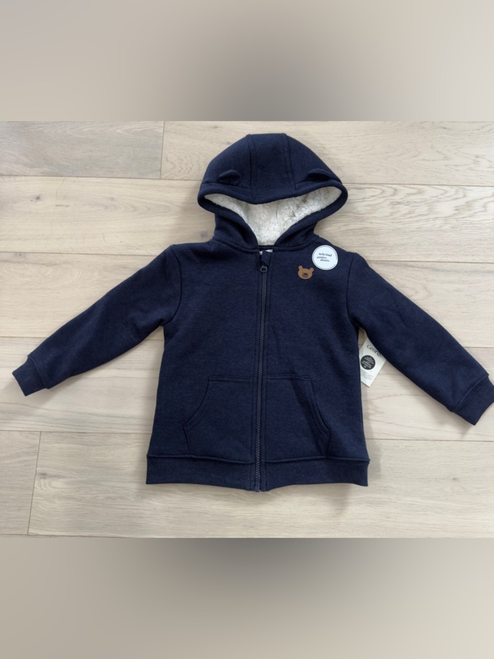 Navy Sherpa-Lined Hoodie with Bear Patch - Size 4T Brand NWT